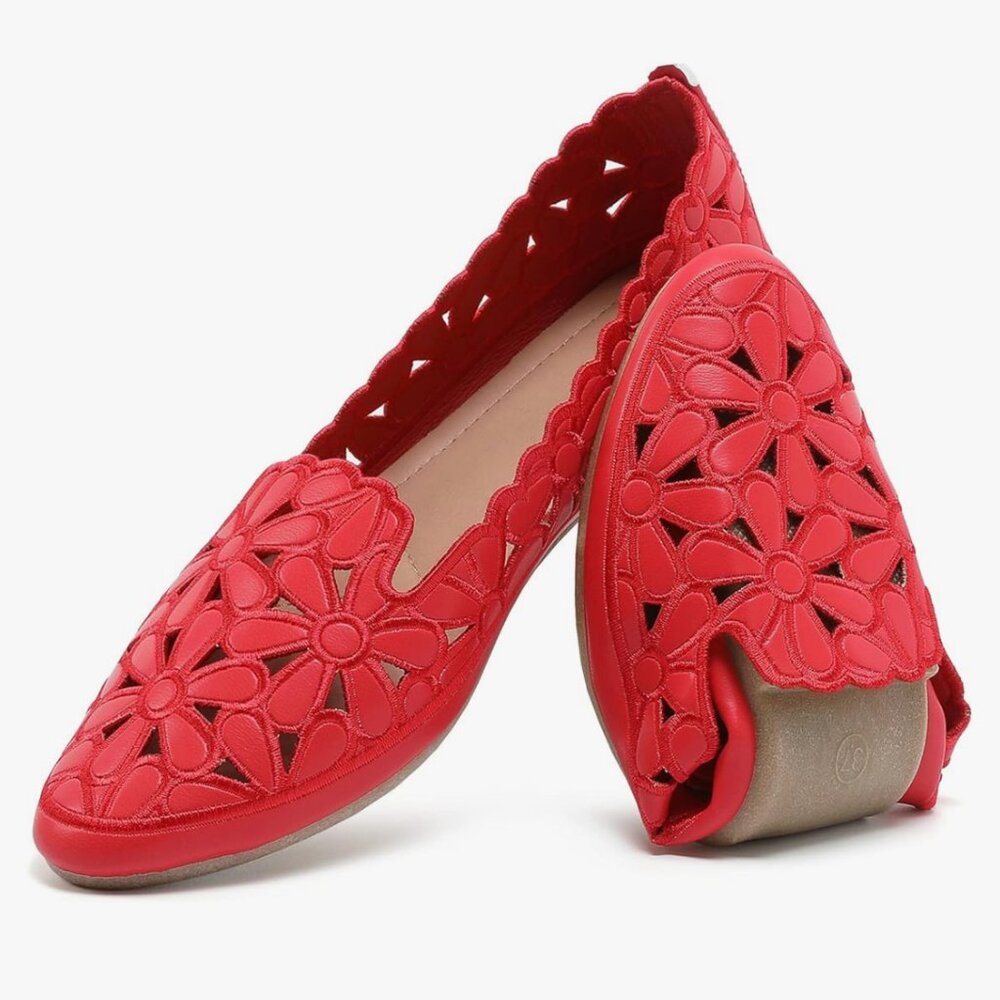 Stunning Bright Red Floral Flats - Perfect for Summer!